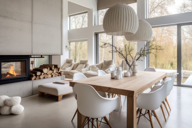 Large bright eco style country house with white interior chairs and fireplace