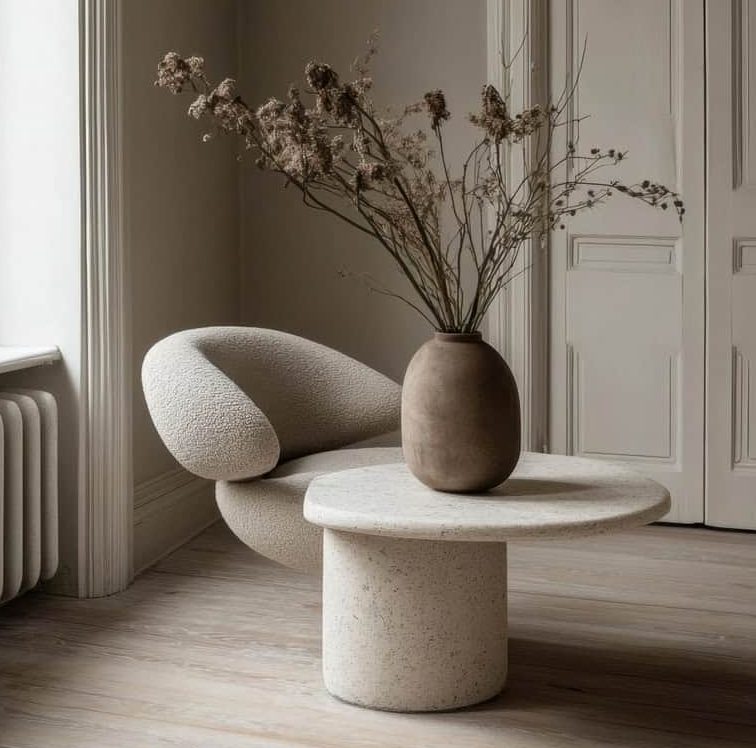 Minimalist Living Room with Beige Chair and Stone Table